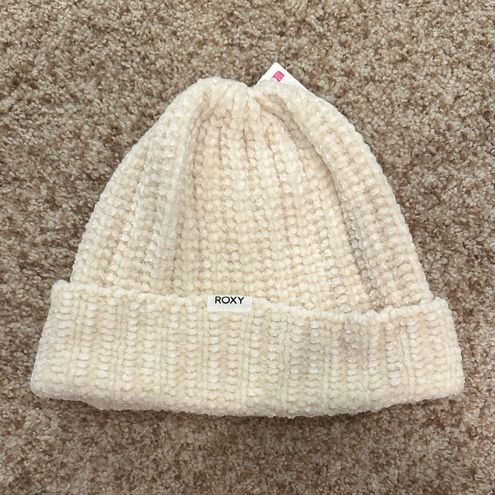 Roxy Cream Chenille Knit Beanie winter hat - Cookie Cuff Beanie in parchment